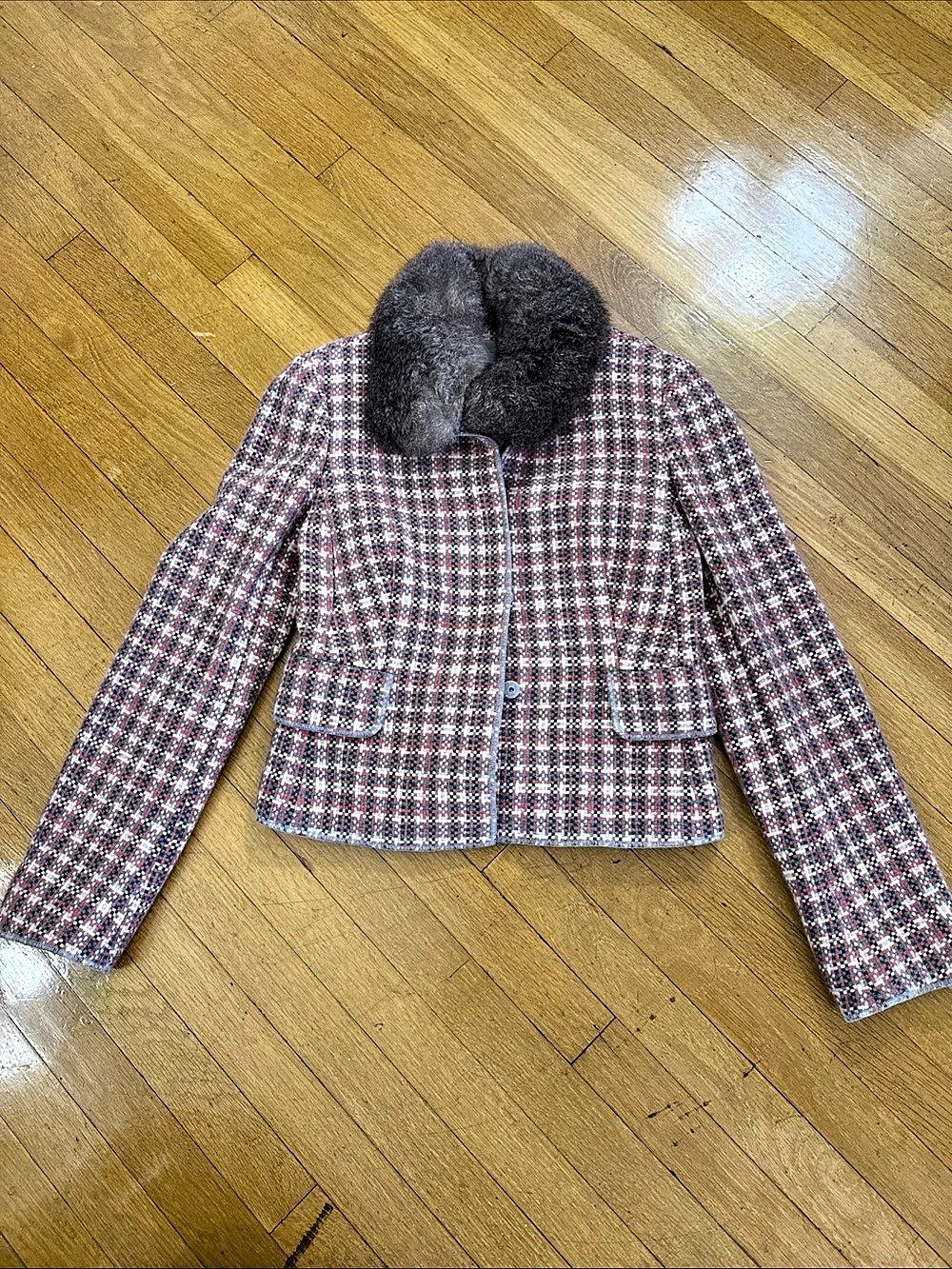 Kulson tweed Jacket with fur collar ivory pink gray size 42